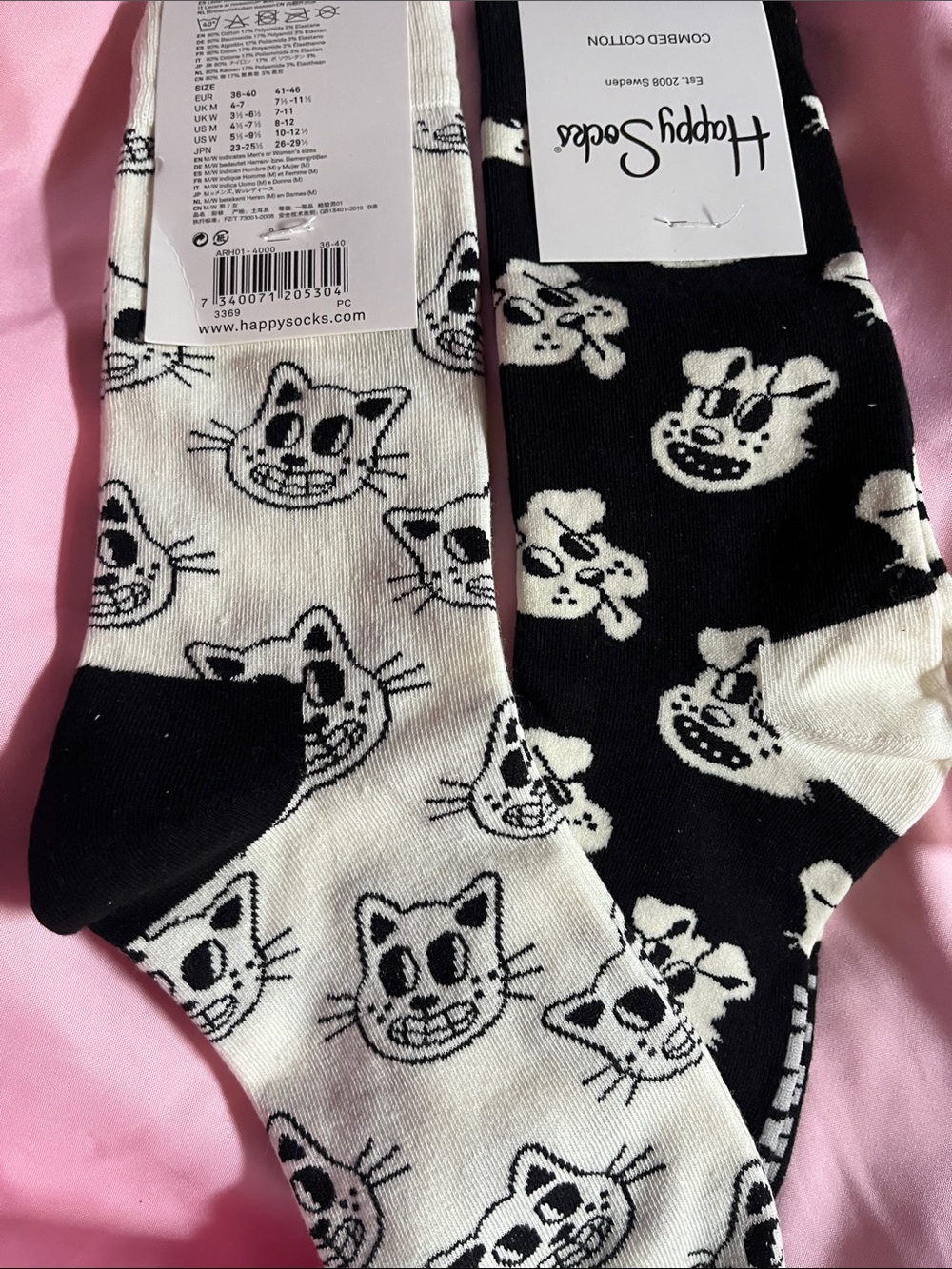Happy Socks Black & White Cat and Dog Pattern Crew Socks